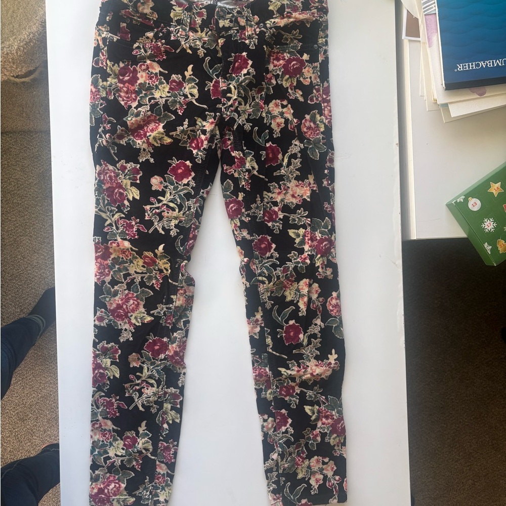 Free People Corduroy Black Red Green Floral Jeans Pants Skinny Straight 28 2 4